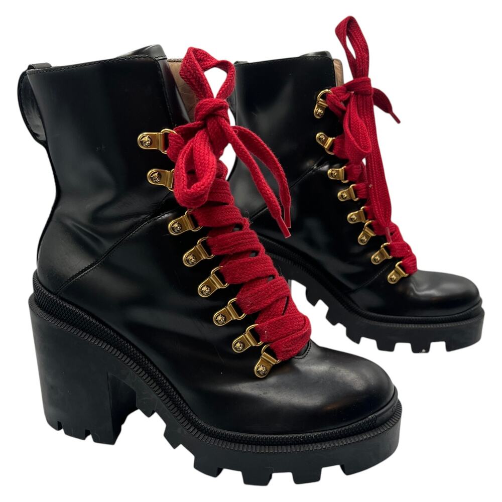 Gucci Combat Boots Ankle Bootie Magnum Calfskin Lace Up Chunky Black Size 37.5